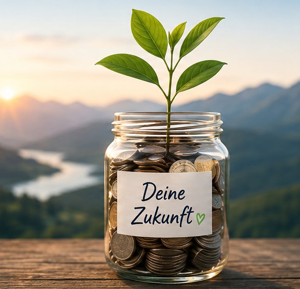 Ein Einmachglas voller Münzen mit einem jungen Trieb und der Aufschrift „Deine Zukunft“, dahinter eine Berglandschaft im Sonnenaufgang.